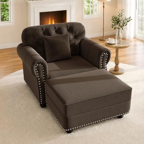 SmartEdge 41.3" Velvet Chesterfield Accent Chair with Ottoman, Deep Seat Button Tufted Armchair with Rolled Arms & Nailhead Trim & Solid Wood Legs, Upholstered Living Room Chair, Brown