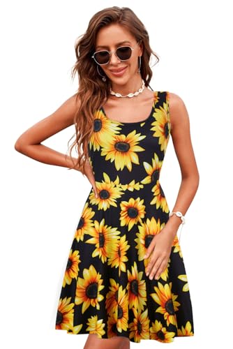 uideazone Womens Sunflower Sleeveless Dress Casual Round Neck Solid Sundress A Line Midi Dresses