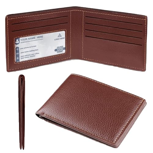 Genuine Leather Slim Bifold Wallet for Men, RFID Blocking Minimalist Design with ID Window and 6 Card Slots (Brown)