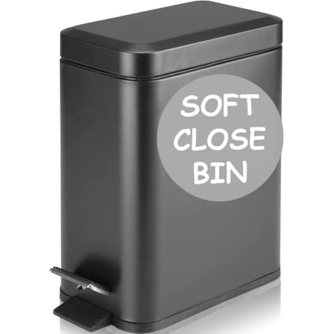 Homie Soft Close, Rectangular Bin 5L with Anti - Bag Slip Liner and Lid, Use as Mini Garbage Basket, Slim Trash Can, or Decor in Bathroom (Matte Black) Cover