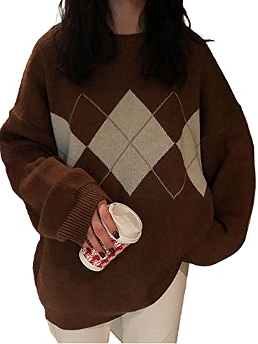 Women Argyle Plaid Oversized Sweater Long Sleeve Crewneck 90S Vintage Aesthetic Pullover Top Harajuku Preppy Sweater (Brown, Onesize) #TOP24