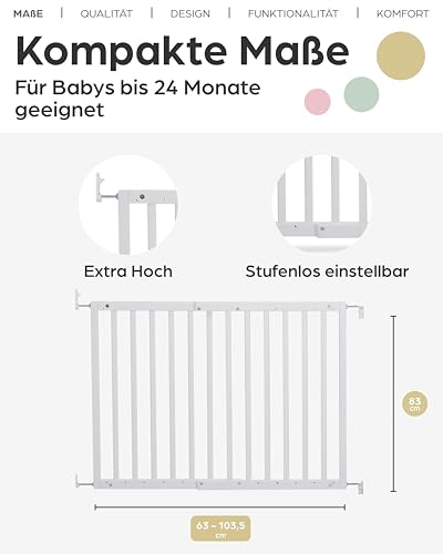 Geuther Türschutzgitter Holz 63-103,5 cm, Weiß I Treppenschutzgitter zum Bohren I Extra hohes Babygitter, Sicherheitsgitter für Treppe & Tür I Als Hundegitter Wohnung & Kinderschutzgitter