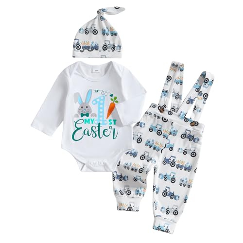 BeQeuewll Easter Newborn Baby Boy 3PCS Clothes Set Infant Long Sleeve Romper Bunny Carrot Suspender Pants Overalls Outfits (1st easter 6-9 Months)