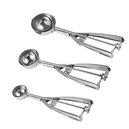 Mavondra Ice Cream Cookie Scoop Stainless Steel 18/8 Trigger Release Scooper Fruit Tablespoon Melon Cookie Baller Silver Scoops (3 Pack)