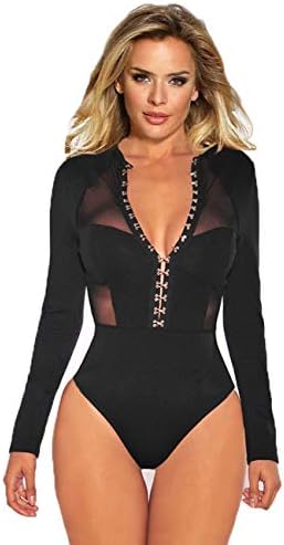 comeondearWomen Long Sleeve Bodysuit Lace Leotard Teddy One Piece Sexy V Neck Bodysuit Clubwear Tops for Women