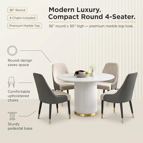 Image of 4 Seater Dining Table Set with 4 Chairs, Round Marble Dining Table (91x91x76 cm) - White Marble Top, Solid Wooden Base, Upholstered Chairs with Sheesham Wood Legs - Grey & Cream