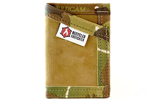 Recycled Firefighter Sergeant Slim Leather Wallet, Coyote & MultiCam Recycled Wallet for Man & Woman - Full Grain Leather Wallet w/Elastic Money Clip - Leather Card Holder Wallet 4-8 Cards