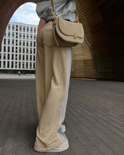 CHARTOU Women Side Stripes Patchwork Wide Leg Denim Pants High Rise Straight Jeans with Pockets4