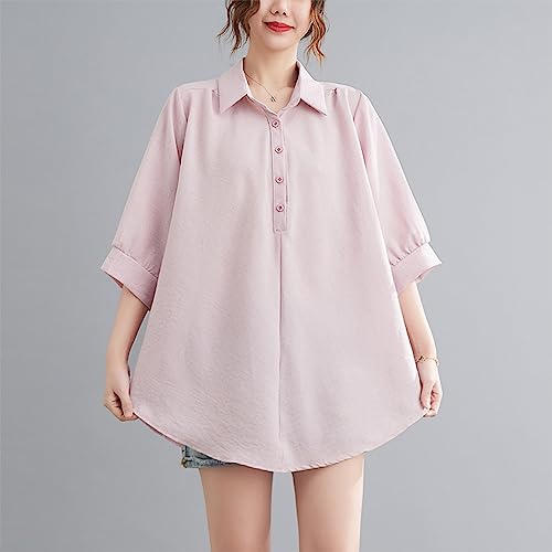 Daconovo Túnica feminina casual comprida de algodão liso e botão de linho solta decote regular meia