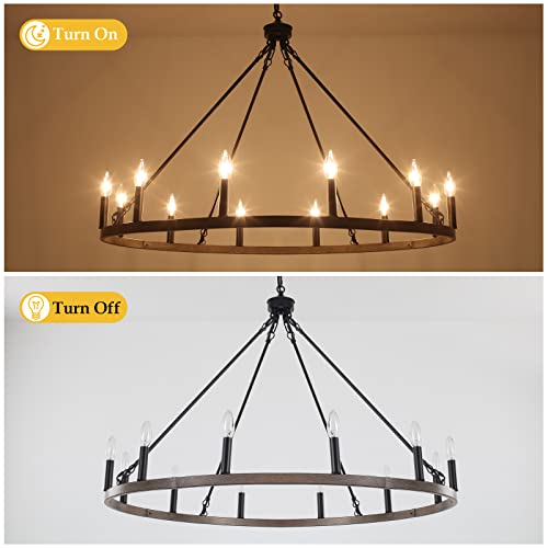 Image of 12-Lights Brown Wagon Wheel Chandelier Industrial Hanging Light Fixture for Dining Room Farmhouse Round Chandeliers for Living Room Foyer Hallway Kitchen Island Entryway