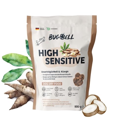 BugBell 800g HighSensitive - Premium Trockenfutter mit Insekten - Hypoallergen Sensitiv Futter für Hunde - Unverträglichkeit & Allergie mit 5 Zutaten - Schonkost Hundefutter trocken für Ausschlussdiät