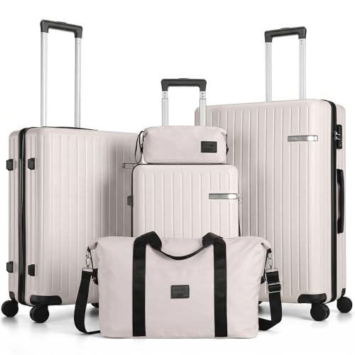 Image of Hoteel Luggage Sets 5 Piece (4-YEARS WARRANTY), ABS+PC Suitcases with Wheels and Side Hook, Hardshell 20 /24 /28 inch Luggage with Duffel Bag Travel Bag, Beige