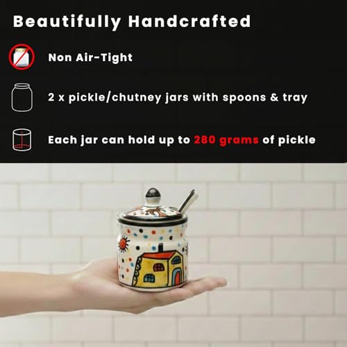 Image of ExclusiveLane 'Hut Handpainted' Ceramic Pickle Jars for Dining Table With Spoon & Wooden Holder (Set of 2, 280 ml) |Pickle Jar With Spoons Achar Jar Set for Dining Table with Spoon Container