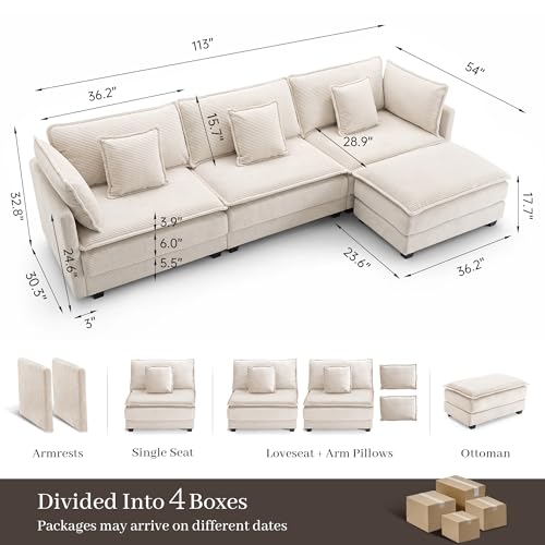 Image of Corduroy Sectional Couch, 3 Seater 113 inch L Shaped Cloud Couch with Ottoman, Modular Deep Seat Sofa with Pillows for Living Room, Apartment, Beige