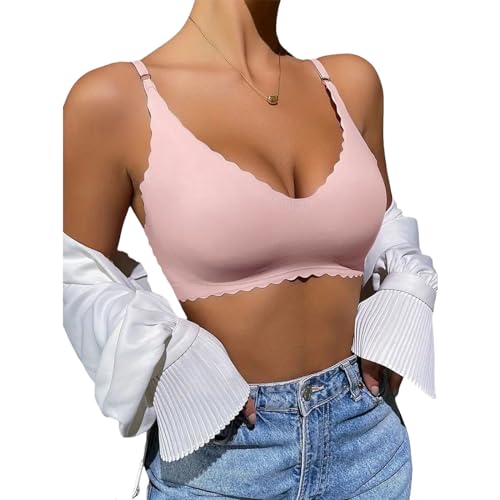 Bras for Women Wavy Deep V No Underwire Soft Wireless Bras Bralettes Comfort Seamless Bralettes Tank Tops Camisole Pink