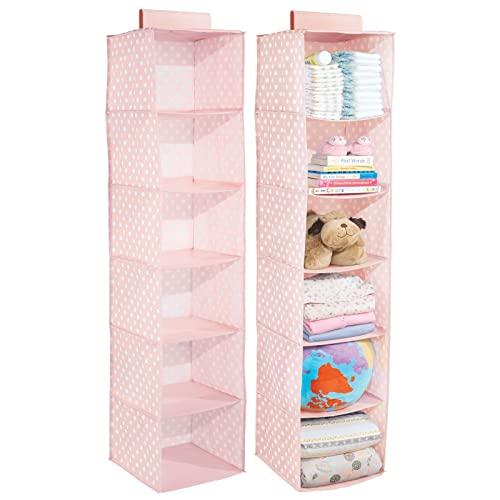 Image of mDesign Fabric Hanging Organizer - Over Closet Rod Storage with 6 Shelves for Baby Nursery Bedroom Organization - Hold Clothes, Linens, Toys, Accessories - 2 Pack, Pink/White Polka Dot