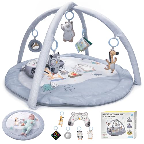 Baby Play Mat Activity Play Gym Mat for Floor with Hanging Toys Tummy Time Pillow Baby Gym for Early Education Develop Motor & Cognition Plush Playmat for Babies Newborn Infants Aged 0-12 Months