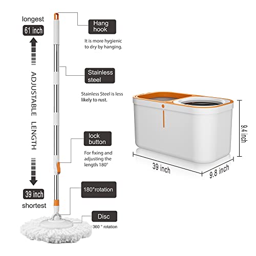 Floor Spin Mop And Bucket Set With Wringer System Extended Stainless Steel Handle 61＂For Home Floor Cleaning Use With 5 Replacement Head Refill And 1 Cleaning Brush Head #TOP4