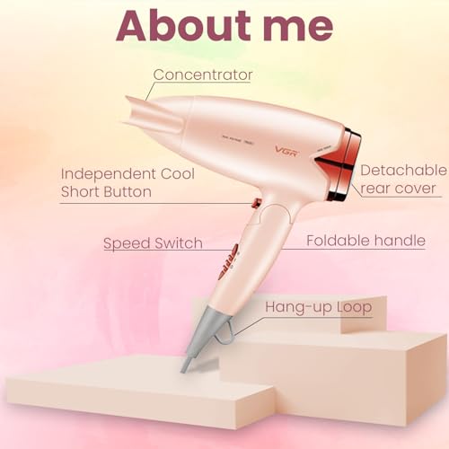 Image of VGR V-428 Foldable Hair Dryer for Men & Women | 1200 /1600W DC Motor | Cool Shot Button & 2 Speed Settings | Detachable Rear Cover | Overheat Protection | Hanging Loop (Pink)