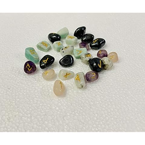 UNIQUE GEMS multi stone rune set tumble stone set reiki crystal gemstone Engraved Symbol 25 stone set Elder Futhark Pagan Rune Alphabet gift valvet phouch Cover