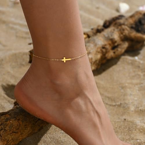 Image of NONAMOIS Ankle Bracelets for Women Dainty 18K Gold Plated Anklet Waterproof Round Beaded Paperclip Herringbone Pearl Chain Anklets Waterproof Beach Foot Jewelry