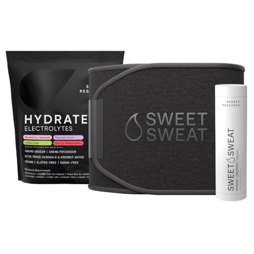 Sports Research Sweet Sweat Waist Trimmer for Women and Men (Large Size - Matte Black), Variety Flavor Hydrate Electrolytes (16x Pack) and Workout Enhancer Roll-On Gel Stick (Coconut Scented)