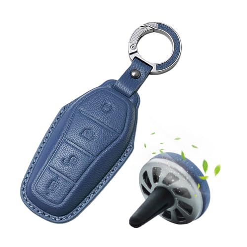 Image of Keyzone Premium Leather Key Cover & AC Vent Car Perfume Combo (4 Fragrances) | Compatible for BYD Seal, Atto3 4 Button Smart Key. (Blue)