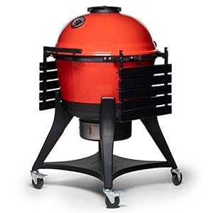 Kamado Joe Kettle Joe 22 inch Kettle Charcoal Grill with Hinged Lit Cart Side Shelves and SloRoller Hyperbolic Slow Smoker Chamber in Red Model KJ15040320