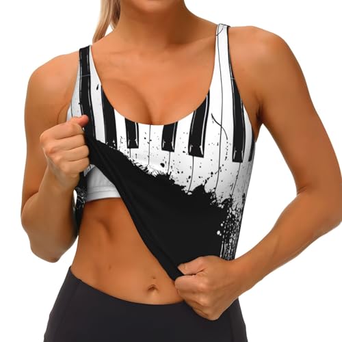 Damski bezrękawnik treningowy z nadrukiem fortepianowym bez rękawów kamizelka sportowa do jogi siłowni sportowej, Czarny, XL