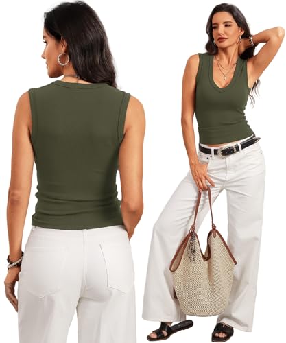 Image of Prettywear Deep V Neck Tank Tops for Women 2026 Summer Fashion Clothes Sexy Casual Ribbed Fitted Sleeveless Going Out Tops