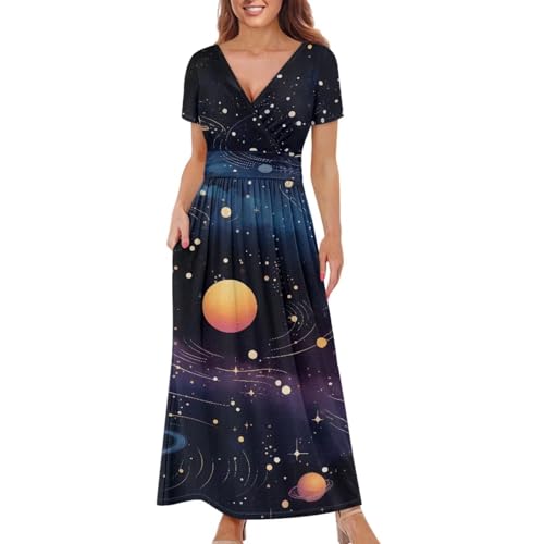 Image of Women's Fall Summer Short Sleeve Ankle Length V-Neck Party Dress with Pockets Size S-3XL