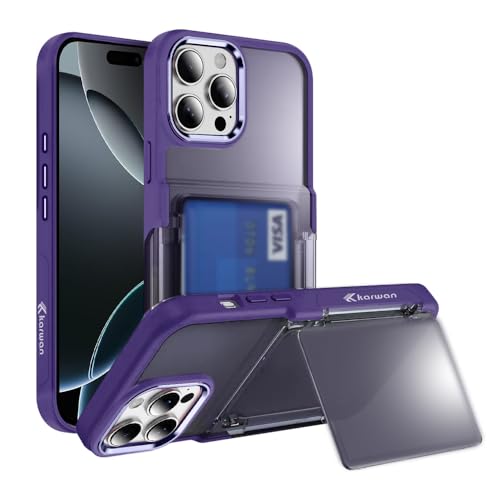 Image of KARWAN Shockproof Translucent Cardholder Back Case Cover Compatible with iPhone 16 Pro Hybrid with Strong Minimalist Design (Purple)