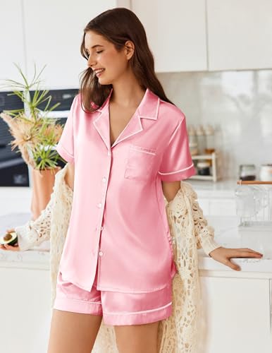 Image of Ekouaer Womens Satin Silk 2 Piece Pajamas Set Short Sleeve Sleepwear | Button Down Top and Shorts Loungewear Set for Sleep, Home, Wedding, Travel, Party, Daily Wear & Great for Sharing