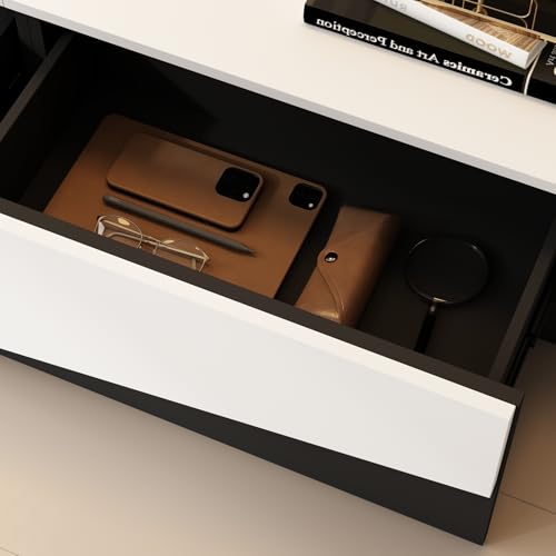 FAMAPY TV Stand with 2 Drawers, Modern TV Console Table Media Console Table with Hidden Handles, Contemporary Media Console for Living Room, No Handle, White and Black, 15.7”D x 78.7”W x 12”H