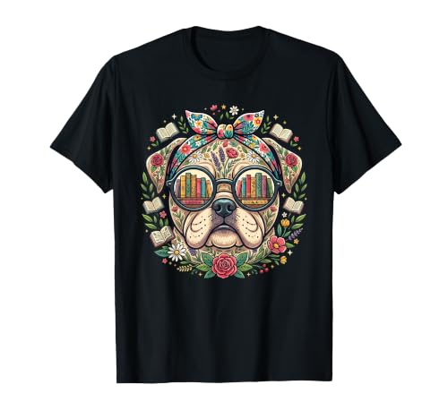 Bookworm Bulldog Inglese Libri Fiori Grafica Maglietta
