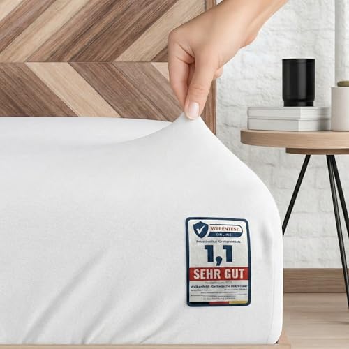 Wolkenfeld Spannbettlaken 180x200cm bis 200x200cm aus 100% Baumwolle, Oeko-TEX Zertifiziert – Weiches Jersey Spannbettlaken 200x200 für Matratze und Topper bis 20 cm – Weiß