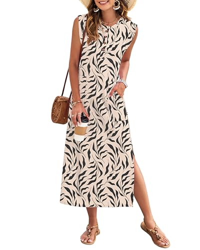 MISFAY Women's Waffle Knit Maxi Dress — Cap Sleeve Loose Beach Sundress with Pockets(Apricot Black Leaf,XL)