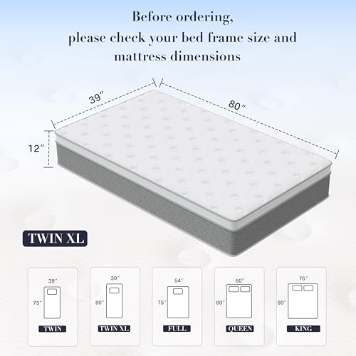 Image of Twin XL Mattress - 12 Inch Memory Foam Mattress in a Box for Pressure Relief & Motion Isolation with Individual Pocket Spring, Medium Firm, CertiPUR-US Certified, Fiberglass Free