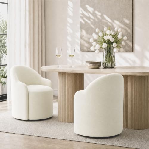 Image of KISLOT Upholstered Dining Chairs Set of 2 with Caster, Pre-Assembled, Ivory | Modern Dining Room Chairs with Wheels, Rolling Vanity Chair with Round Backrest for Kitchen, Bedroom, Dressing, Linen Fabric