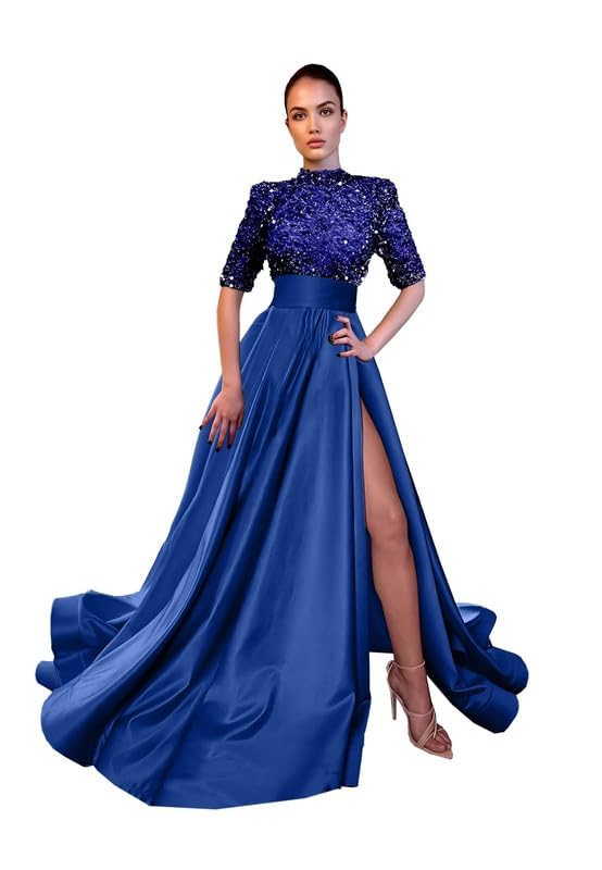 Half Sleeve Sequin Satin Prom Dress 2024 Mermaid Mock Neck Formal Gown with Slit GU019