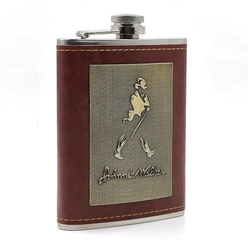 Image of JWPM Stainless Steel Hip Flask with Funnel 8 Oz (236 ml) I Stitched PU Leather Cladding with Metal Plate Design Whiskey Flask I Unisex Alcoholic Drinks Holder Pocket Bottle (JWP Maroon+Funnel)