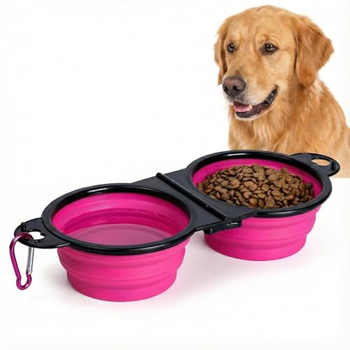 Double-Collapsible-Dog-Bowls-for-Travel-Food-and-Water-Set-with-Clip-Pink Double Collapsible Dog Bowls for Travel, Food and Water Set with Clip, Pink - Image 1