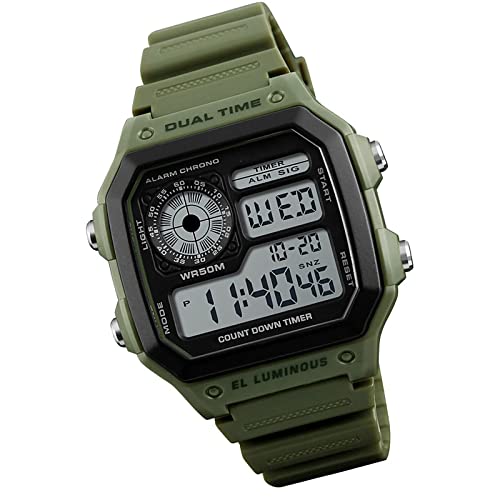 Tevimpeya Reloj deportivo digital para hombre con luz de fondo, resistente al agua hasta 50 m, reloj de pulsera para exteriores, doble hora, Verde militar., Correa