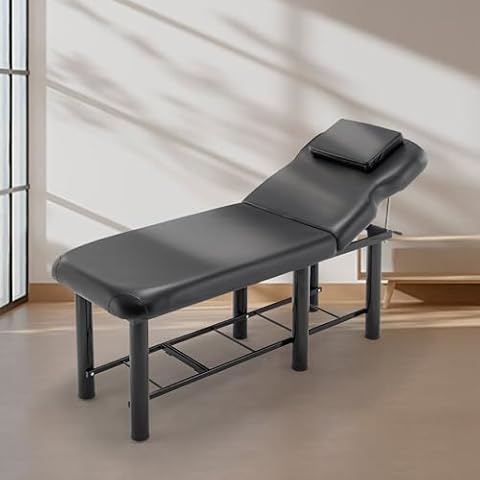 Professional Massage Bed 73 Inch, Treatment Table Salon Bed with Removable Headrest, Faux Leather Stationary Physical Therapy Table, Spa Facial Bed with Adjustable Backrest, Steel Frame, Black Cover