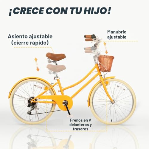Miniatura 4 de Glerc Hybird - Bicicleta De Crucero Para Niña, 6 Velocidades, Para Mujeres De 7, 8, 9, 10, 11 Años, Con Cesta De Mimbre, Marco Ligero Y Tenedor, Amarillo