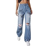 Butterfly Print Baggy Ripped Jeans for Teen Girls Women High Waisted Wide Leg Straight Denim Streetwear Fashion Pants Distressed Boyfriend Pants