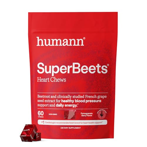 Humann SuperBeets Heart Chews, Nitric Oxide and Blood Pressure Support, Grape Seed Extract & Non-GMO Beet Root Powder Energy Supplement, Pomegranate Berry Flavor, 60 Count