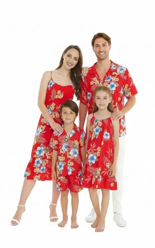 Image of Matchable Family Hawaiian Luau Men Women Girl Boy Clothes in Hibiscus Red