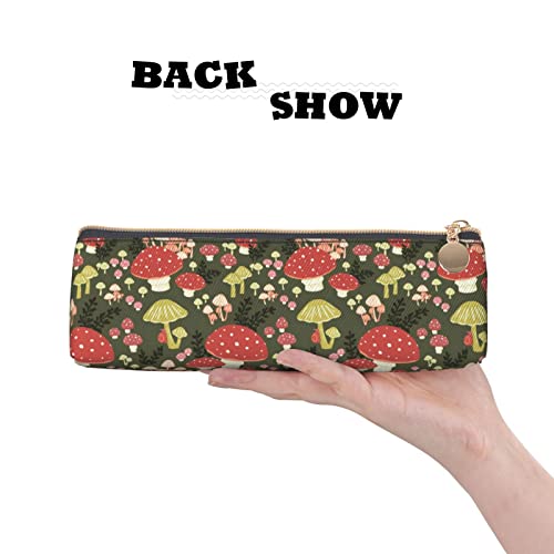 Image of Mushrooms Pattern Leather Pencil Case Zipper Pen Makeup Cosmetic Holder Pouch Stationery Bag for School, Work, Office