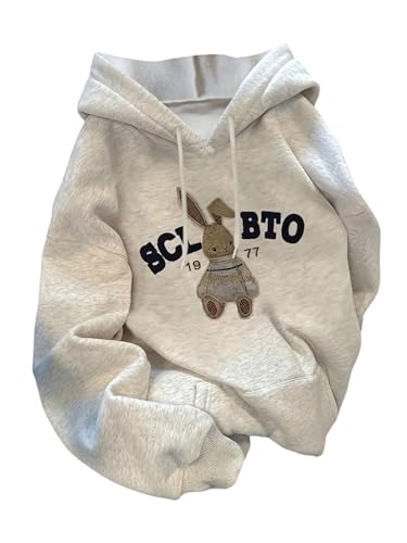 SOLY HUX Women's Graphic Hoodie Cartoon Rabbit Print Drawstring Long Sleeve Hooded Sweatshirt Pullover Tops Light Grey Letter Small